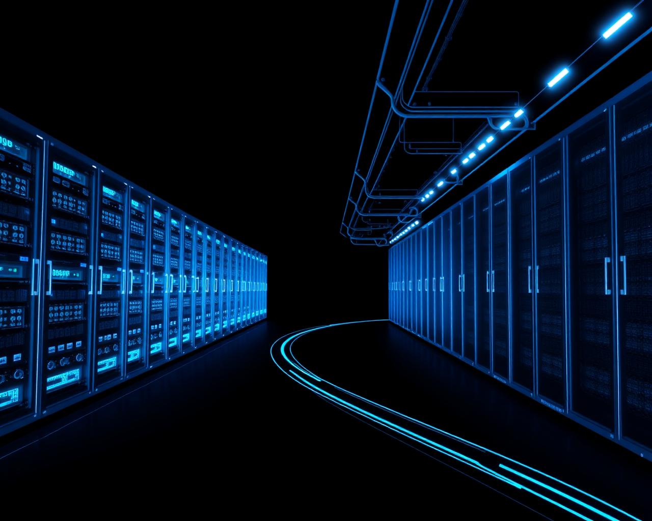 Glowing blue data center corridor with server racks