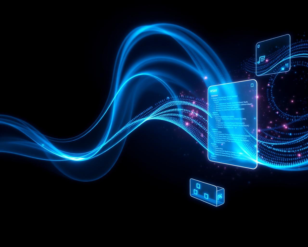 Flowing lines of luminous code and holographic interface panels